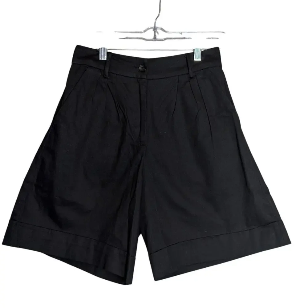 Faithfull The Brand Black Cotton Pleated Shorts High Rise Wide Leg Minimalist  4